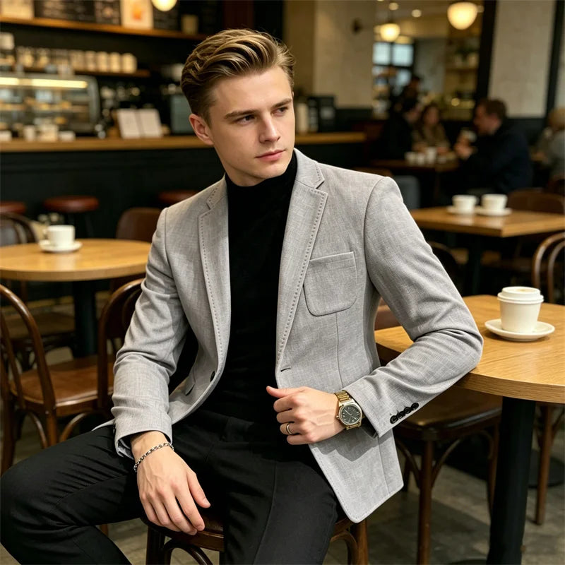 Mens Blazer Linen Blend Notched Lapel 1 Button Slim Fit Stitched Edge Patch Pockets Business Casual Daily Soft Breathable Jacket