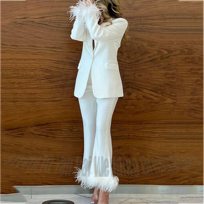 Exquisite Feathers Women's Suits Customized Hot Sale Chic Single Button Solid Color Outfit Two Pieces Party Elegant Suit Set