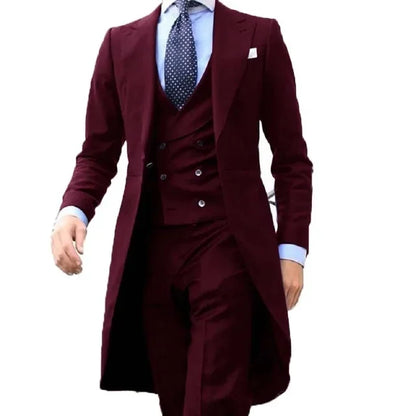 Long Coat Designs Burgundy Men Suit Gentle Mens Tuxedo Prom Blazer Custom 3 Pieces (Jacket+vest+Pants)