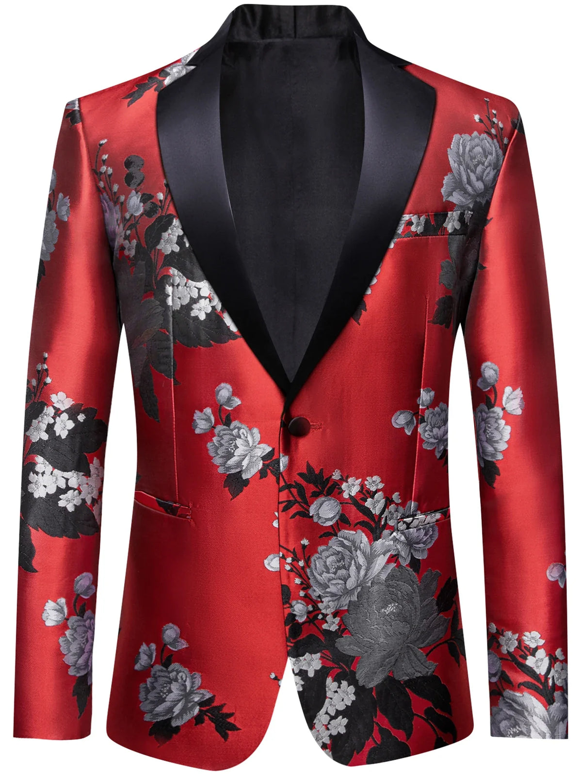 Red Base Grey Peony Floral Jacquard Mens Tuxedo Blazer, Shawl Lapel Single Button Formal Jacket Wedding Host Costume