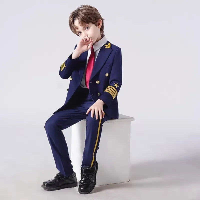 Boys Grils Pilot Uniform Suit Kids Formal Jakcet Pants Tuxedo Wedding Dress Children Birthday Photography Outfit Set