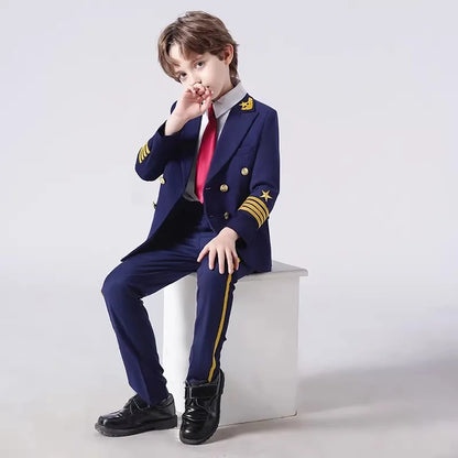 Boys Grils Pilot Uniform Suit Kids Formal Jakcet Pants Tuxedo Wedding Dress Children Birthday Photography Outfit Set