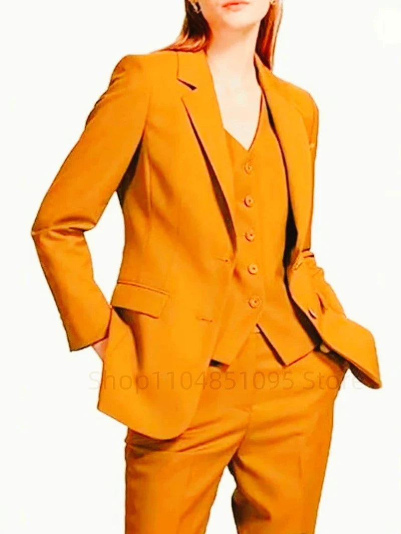 Office Ladies Pantsuits Solid Women Business Classic Single Breasted Flared Pants Blazer Vest Pants Three Piece Set Formal Suit
