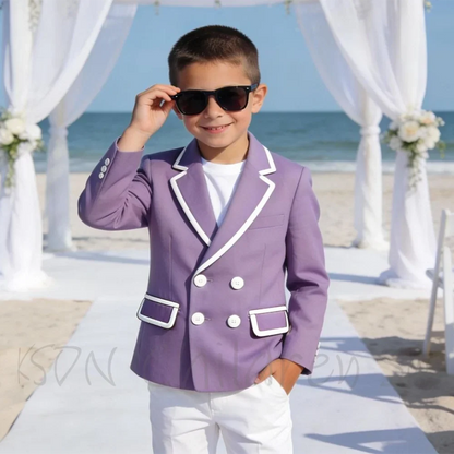 Fashion Children Boys Suit 2 Piece Double Breasted With White Trim Tailored Made Formal Outfit Casual Party Beach Wedding Set