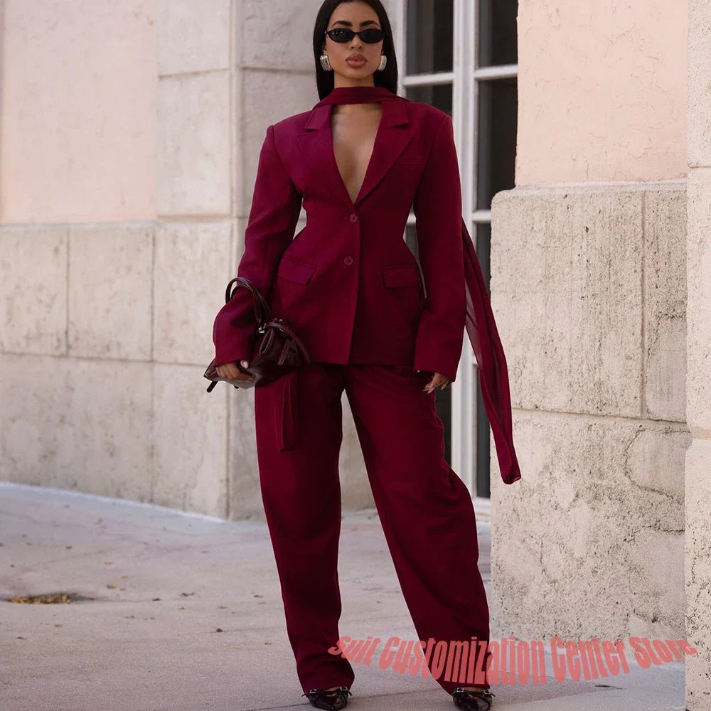 Professional Women's Jacket+Pants Sets Single Breasted Notch Lapel Suit 2Piece Chic Business Evening Party Outerwears