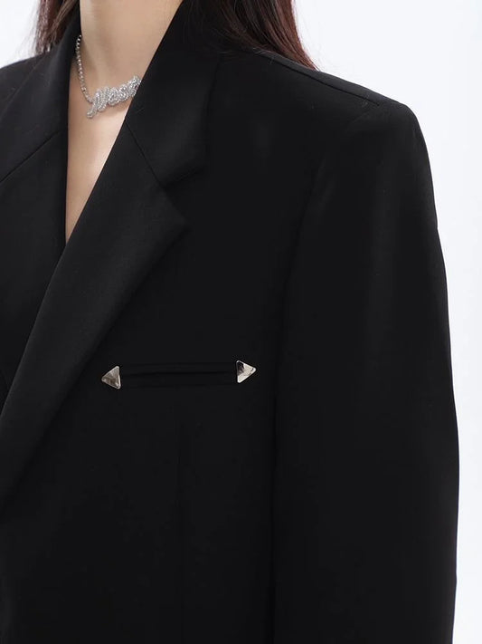 Black Oversize Metal Design Men's Women's Suit Jacket Loose Fit Early Autumn Trendy Straight Hemline Casual Long Sleeve Coat