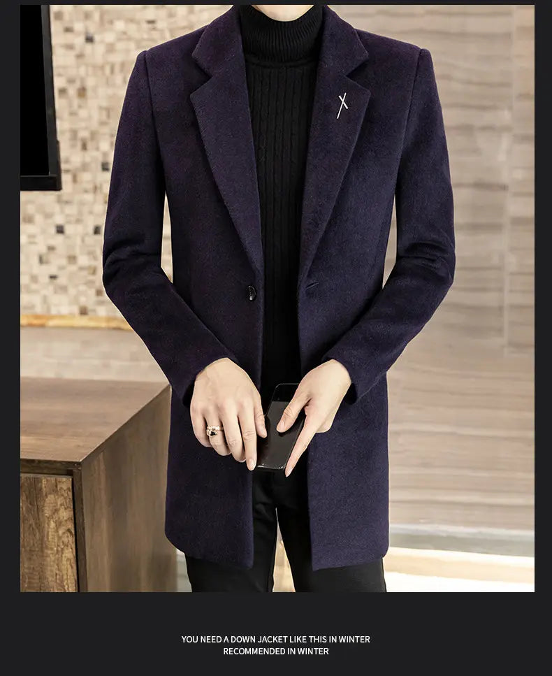 High-quality men's fashionable and stylish mid-length solid color woolen and cotton thick coat for autumn and winter