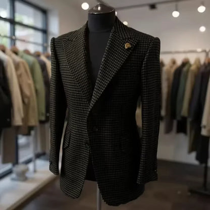 Formal Men's Jacket Houndstooth Woolen Brown Blazer with Peak Lapel Casual Wedding Business Party Coat Autumn Winter Customized