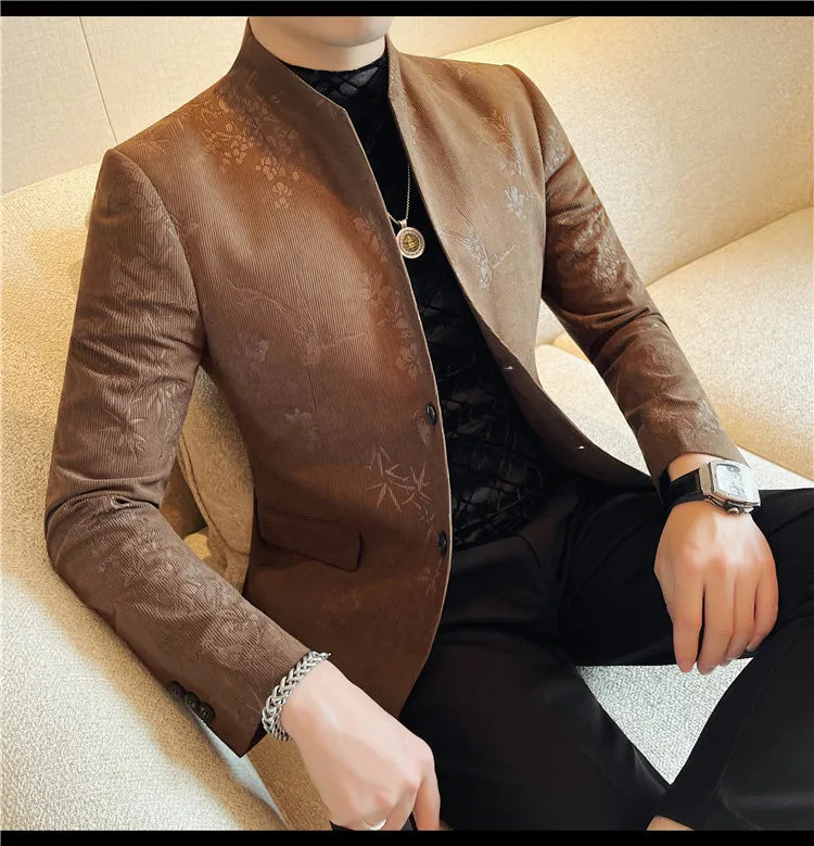 2025 Spring Trendy Jacquard Suit Jacket Men Stand Up Collar Casual Blazers Slim Wedding Business Streetwear Social Dress Coats