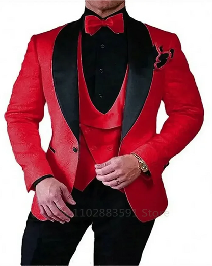 3 Pièces Noir Jacquard Mariage Fête Tuxedo Pour Marié Revers Châle Slim Fit Costumes Homme Gilet Pantalon