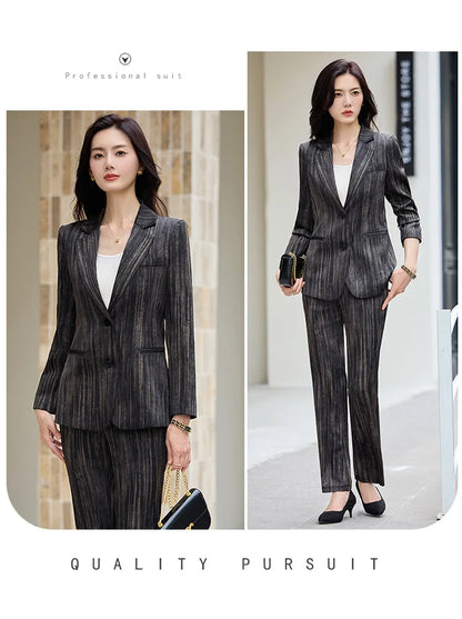 Fashion Women Striped Pants Suit New Spring Business Formal Slim Long Sleeve Thin Blazer and Trousers Office Ladies Work Wear