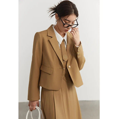 College Style Short Blazer Coat Fashion Two Piece Suit for Women Literary Retro Spring New High Waist Half Pleated Skirt