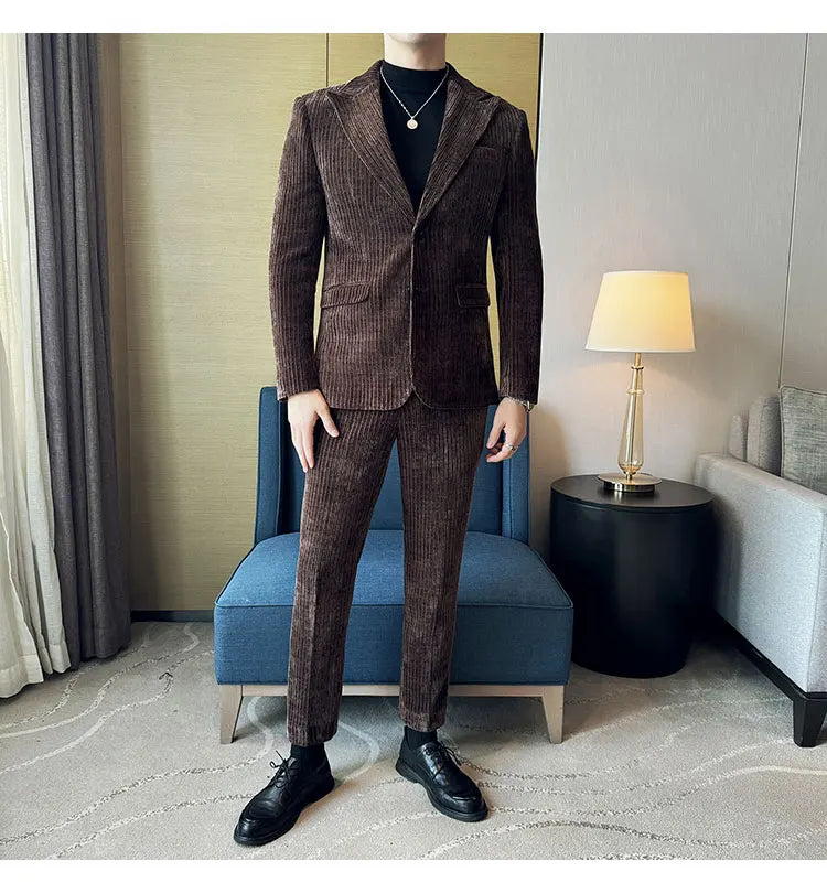 ( Jacket+Pants) Men Corduroy Suit Two-Piece Set High Quality Italian Style Business Suit Luxury Men Formal Wedding Groom Tuxedos