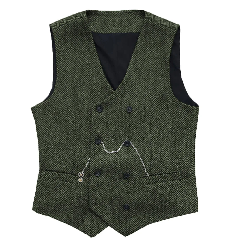 Men's Herringbone Suit Vest Double Breasted Waistcoat for Weddings and Business