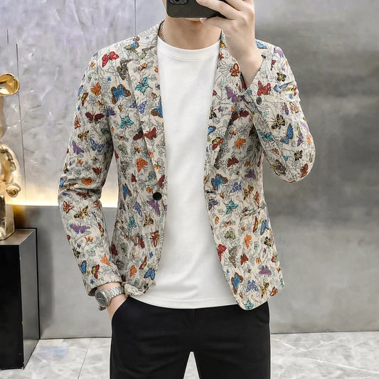 Men's Slim Fit Printed Suit Jacket Autumn Winter New Style Single-Breasted Upperwear Outerwear for Younger Men