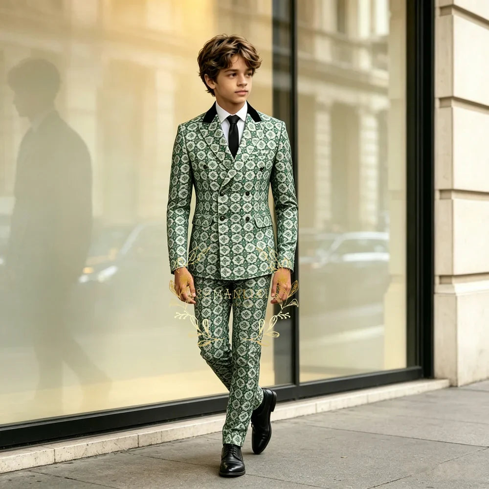 Green Floral Double Breasted Formal Boys Suit Set Peaked Lapel Wedding Birthday Party Tuxedo Costume Kids Blazer Pants Clothes
