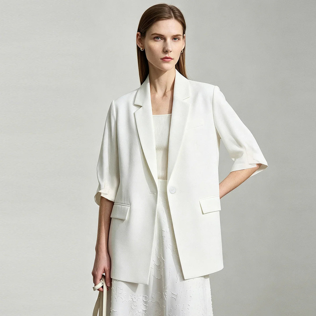 Women's Blazer 2026 Summer New Notch Lapel Linen Blend Pleated Half Sleeve Jacket Casual Office Midi Length Coat 12642184
