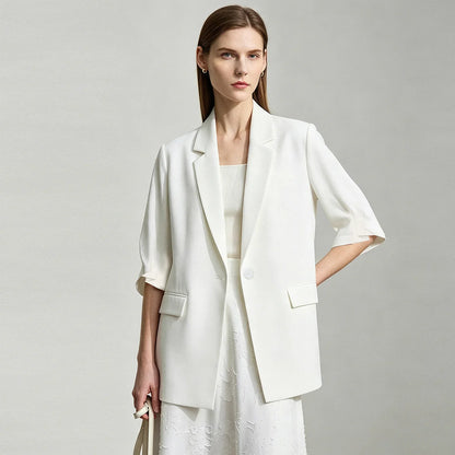Women's Blazer 2026 Summer New Notch Lapel Linen Blend Pleated Half Sleeve Jacket Casual Office Midi Length Coat 12642184