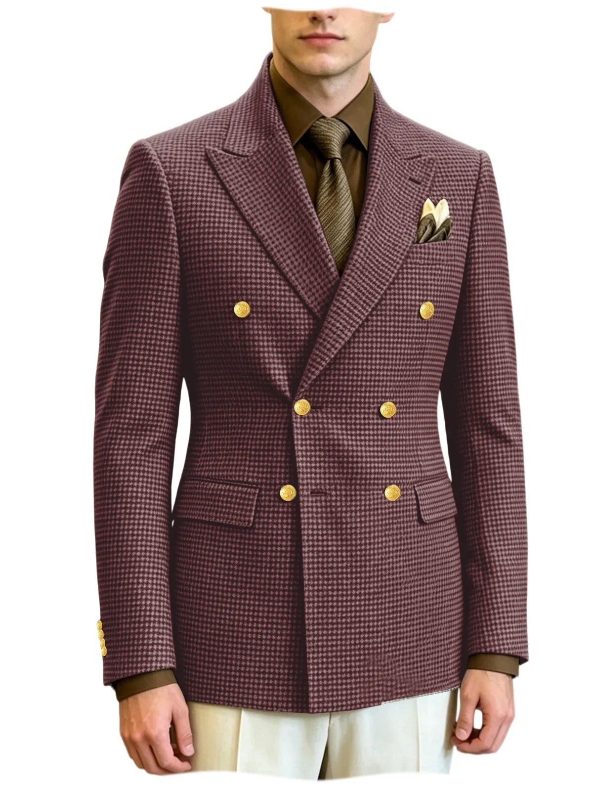 Men's Houndstooth Double Breasted Blazer Vintage Slim Jacket  Fit Formal Business Wedding Party Coat For Men Autumn Winter