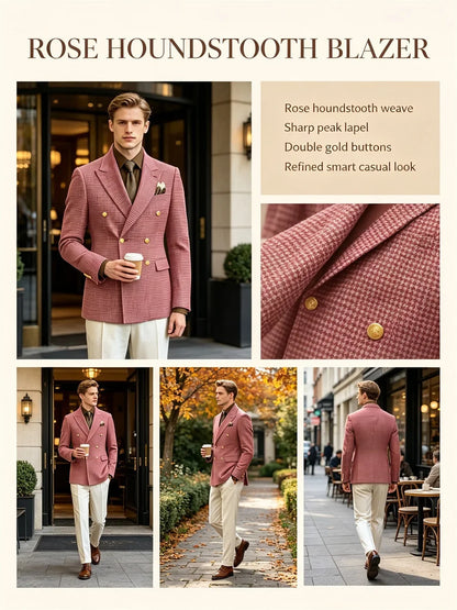Men's Houndstooth Double Breasted Blazer Vintage Slim Jacket  Fit Formal Business Wedding Party Coat For Men Autumn Winter