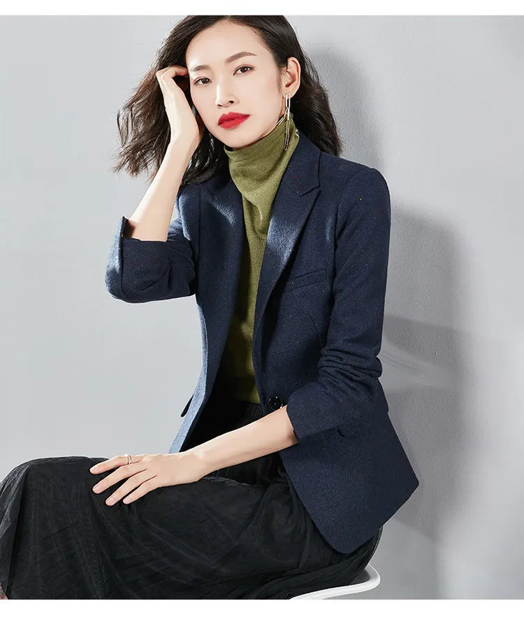 Commute Women's Blazers Autumn Winter Office Lady Solid Jackets Single Button Notched Lapel Woolen Coats Woman V7065