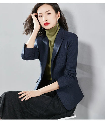 Commute Women's Blazers Autumn Winter Office Lady Solid Jackets Single Button Notched Lapel Woolen Coats Woman V7065