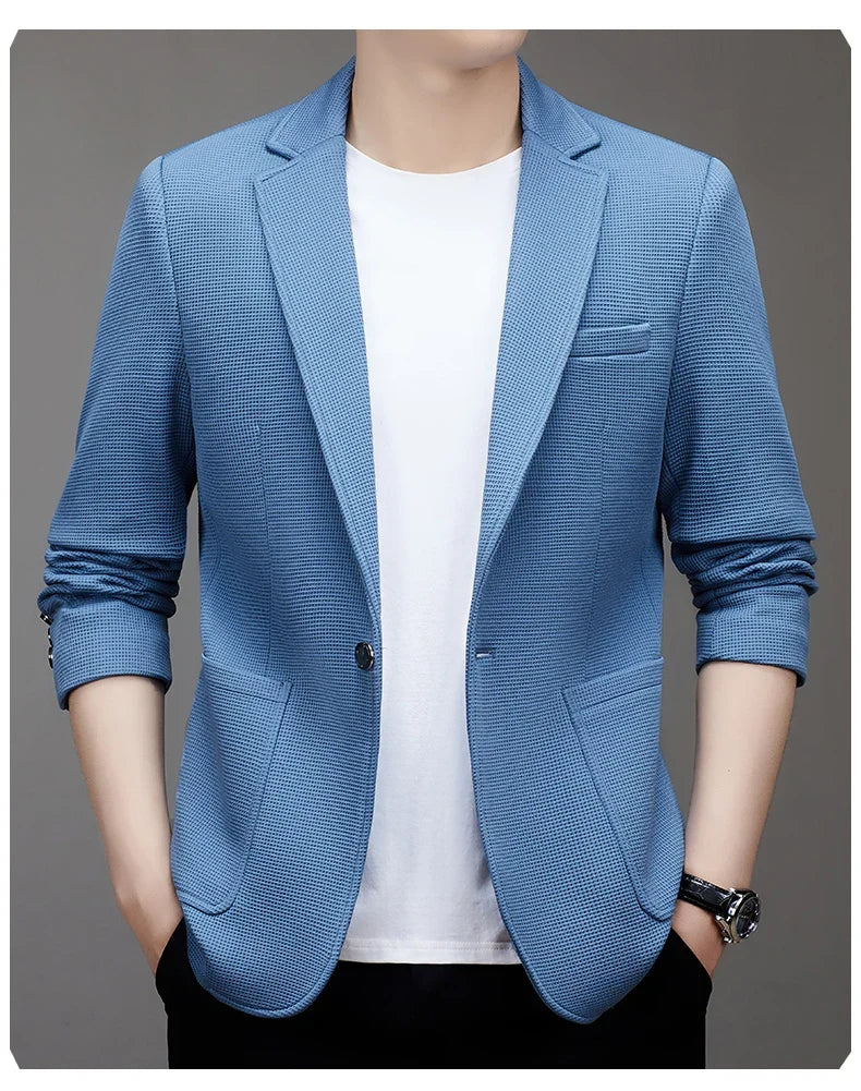 New men's suit jacket with non-stretch flat collar, waffle pattern, for business casual and fitted formal wear.