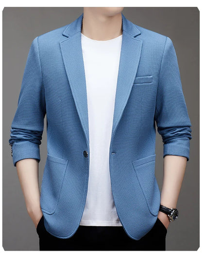 New men's suit jacket with non-stretch flat collar, waffle pattern, for business casual and fitted formal wear.