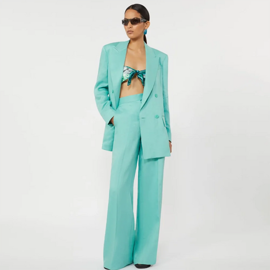 Elegant Women's Turquoise Blazer Suit Summer Casual Double Breasted 2-Piece Jacket+Pants Set Formal Dinner Party Outfit