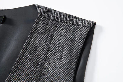 Men's Triple-Breasted Herringbone Tweed Vest – Retro Fake Two-Piece Waistcoat for Weddings & Smart-Casual Occasions