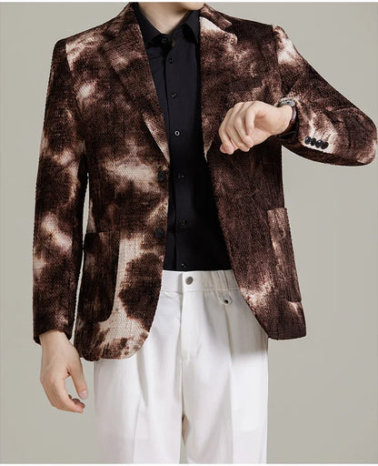 Autumn Korean Slim Fit Suit Jacket for Men Tie Dye Chenille Fashion Casual Suit Jacket Warm Business Social Formal Men Blazers