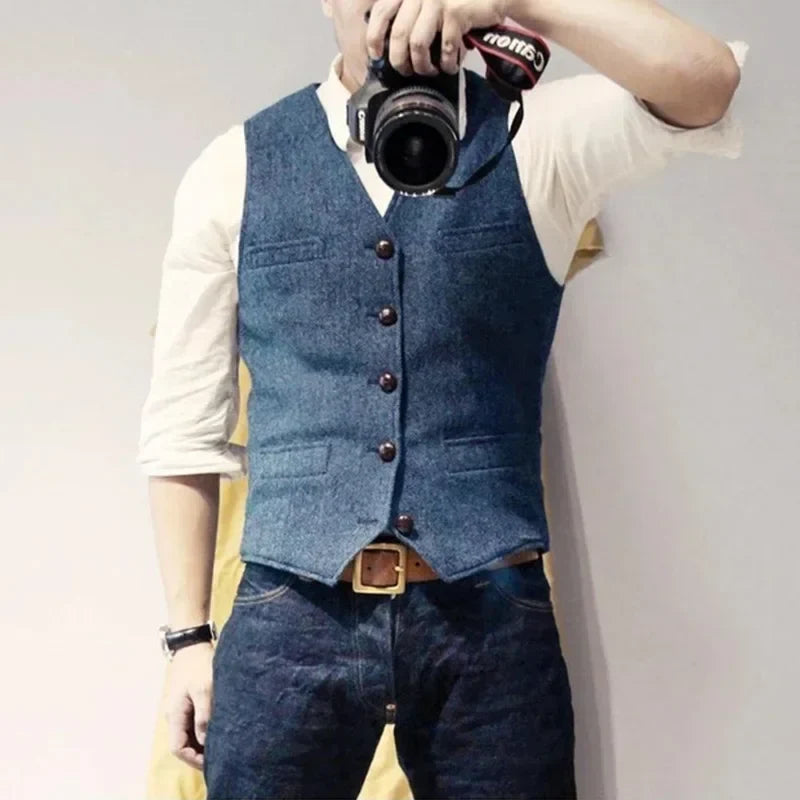 Men's Waistcoat Herringbone Wool Blend V-Neck Single Breasted Vest for Weddings and Smart Casual