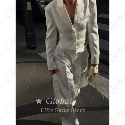 Women White Cropped Blazer 2 Piece Suit Backless Cutout Satin Wide Leg Pants Set Party Wedding Streetwear Formal Customized
