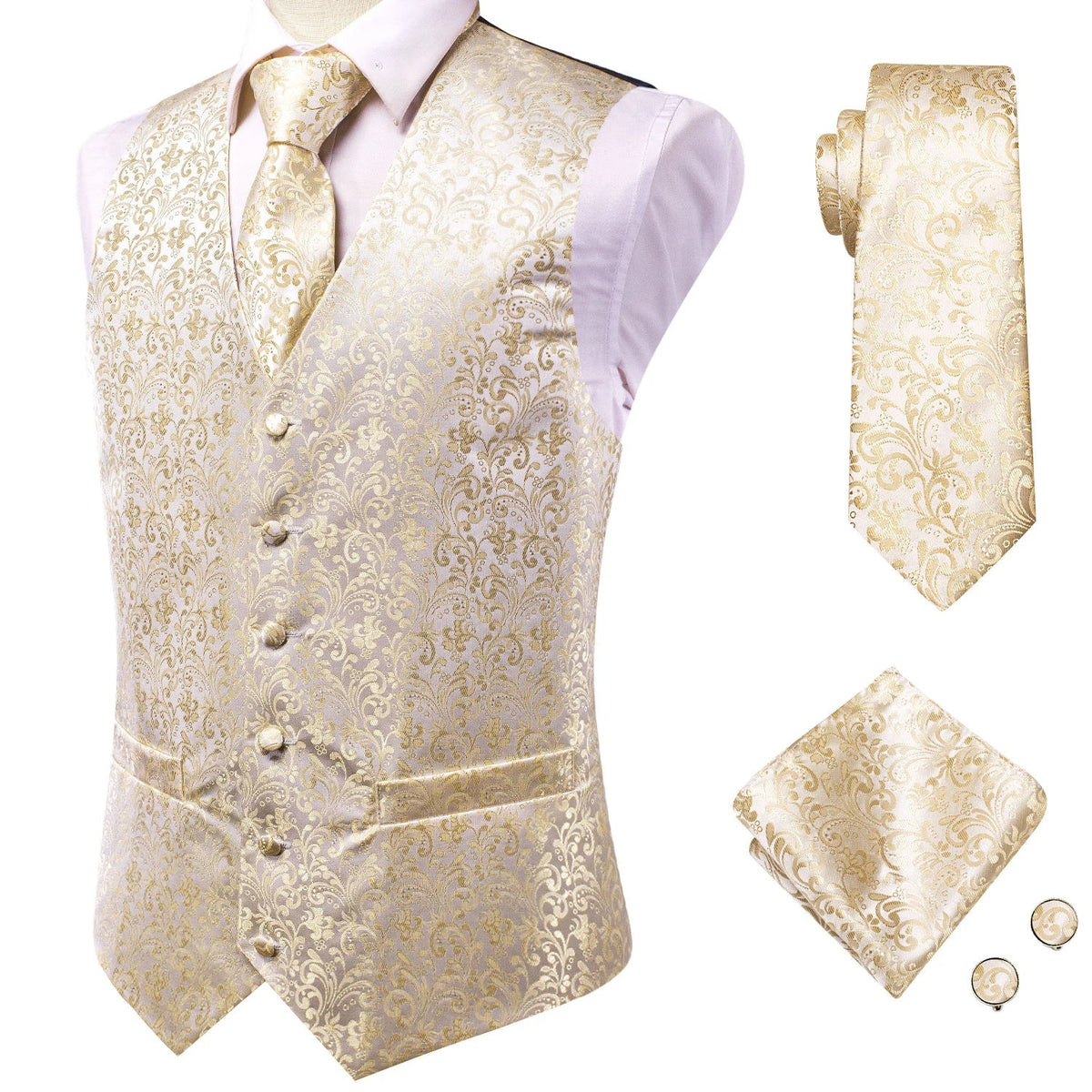 Men's Vest Suit Set – Champagne Gold Paisley Waistcoat for Weddings & Formal Events