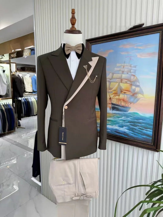 Handsome Chic Man Suit Set 2 Pieces For Birthday Party Peak Lapel Men's Formal  Slim Fit Suits Wedding Groom Sets S-3XL