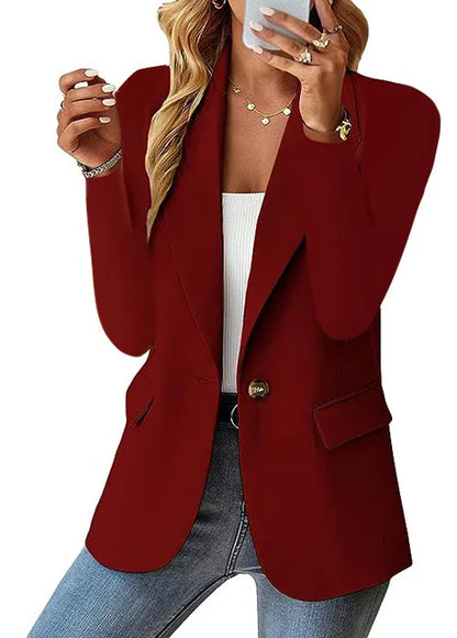Women's Solid Color Single Button Blazer Autumn Long Sleeve Lapel Office Jacket Slim Fit Casual Workwear with Front Pockets
