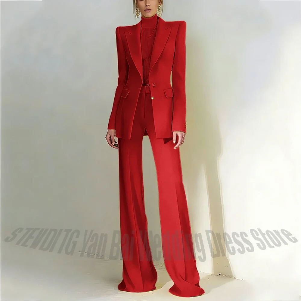 Women Pant Suit 2 Piece Set Office Female Business Work Formal Jacket Trouser One Button Chic Yellow Peaked Lapel Elegant Suit