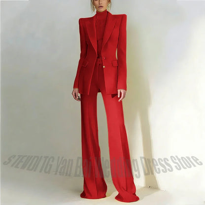 Women Pant Suit 2 Piece Set Office Female Business Work Formal Jacket Trouser One Button Chic Yellow Peaked Lapel Elegant Suit