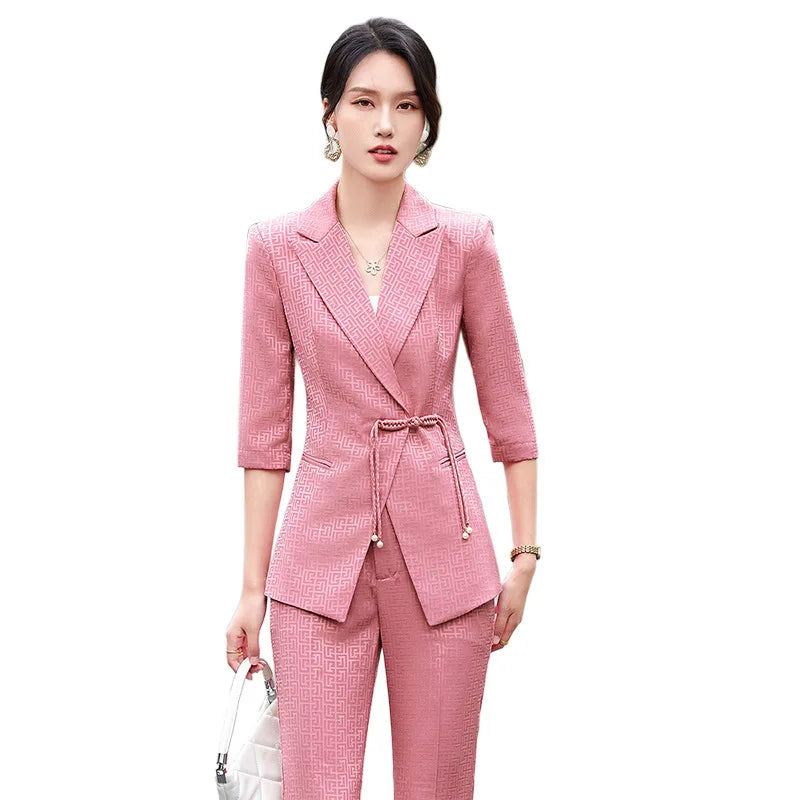 Chinese style Spring Summer Women Elegant Office Work Three Quarter Blazer Tops And Flare Pant Fashion Oversize Two Piece Suits