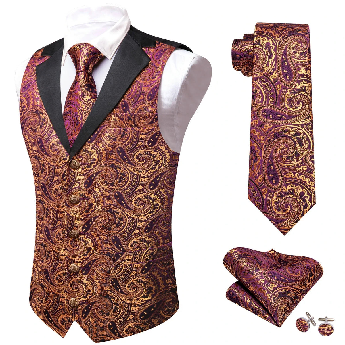 Men's Jacquard Paisley Vest Notched Lapel 3-Piece Set for Weddings & Formal Events – Purple