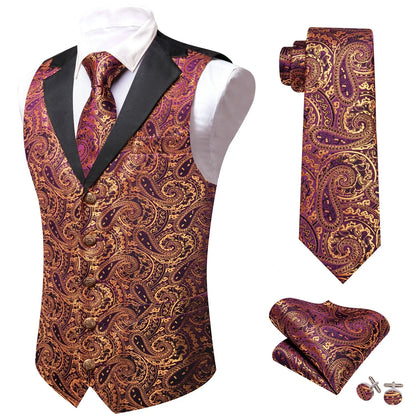 Men's Jacquard Paisley Vest Notched Lapel 3-Piece Set for Weddings & Formal Events – Purple