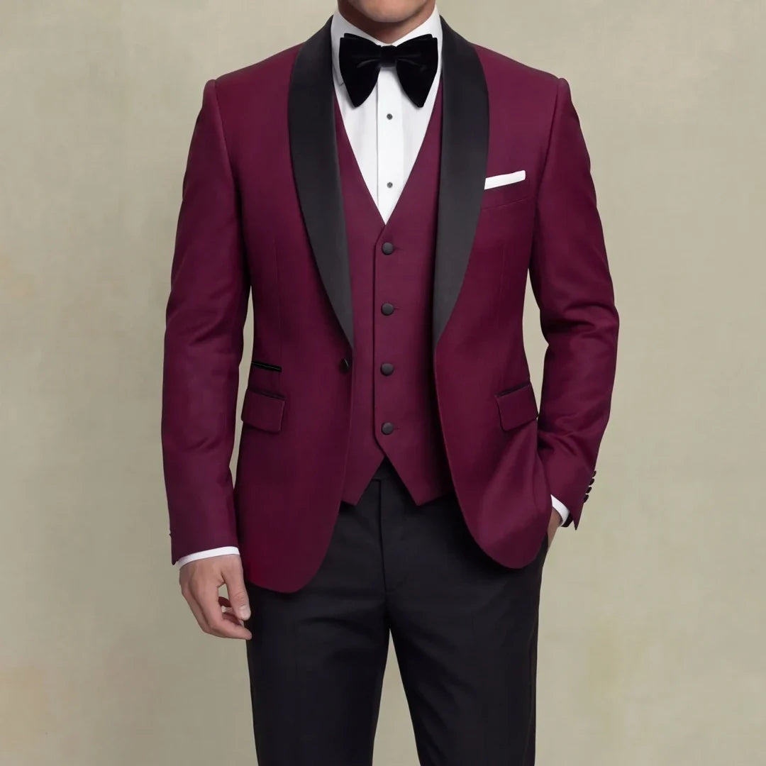 Men Suit 3 Pieces Beige With Black Lapel Slim For Wedding Groom Business Party Prom Banquet Work Office Jacket Vest And Pants