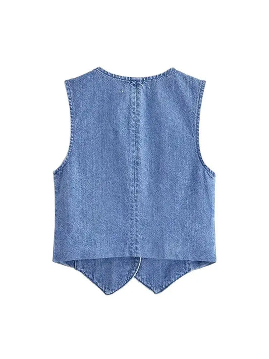 Women Fashion Front Button Denim Waistcoat Vintage V Neck Sleeveless Female Outerwear Chic Vest Tops