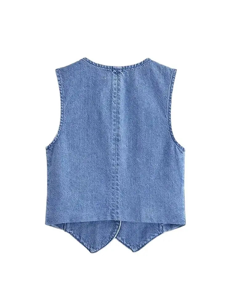 Women Fashion Front Button Denim Waistcoat Vintage V Neck Sleeveless Female Outerwear Chic Vest Tops