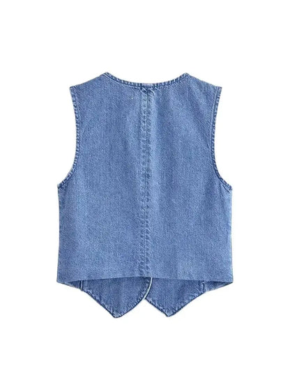Women Fashion Front Button Denim Waistcoat Vintage V Neck Sleeveless Female Outerwear Chic Vest Tops