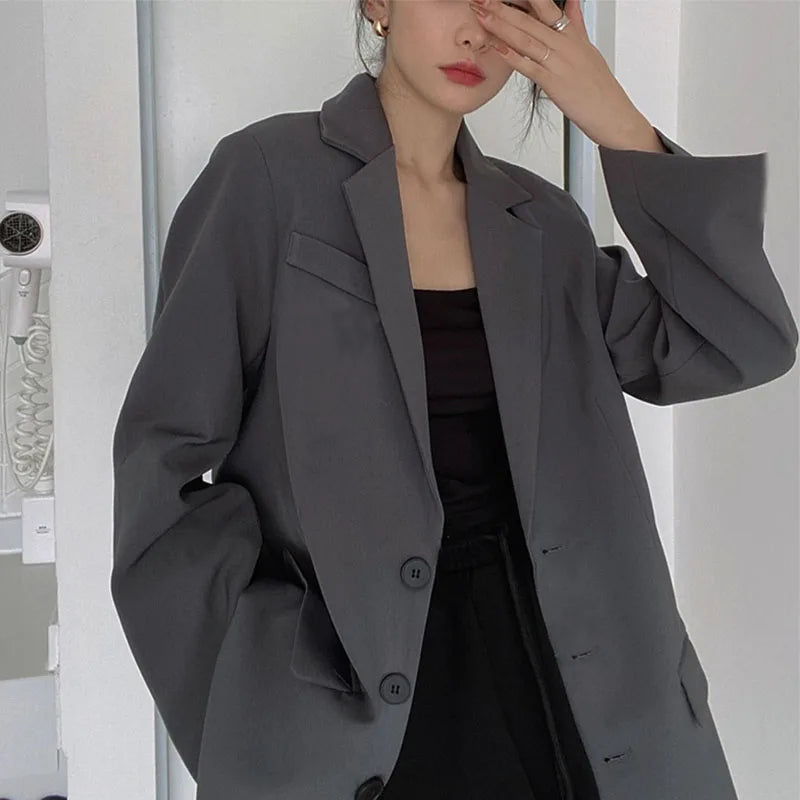 Retro ey ular Women's Suit Loose Hong Kong Sle Faionable Korean Version Spring Autumn New Arrival Polyester Fabric