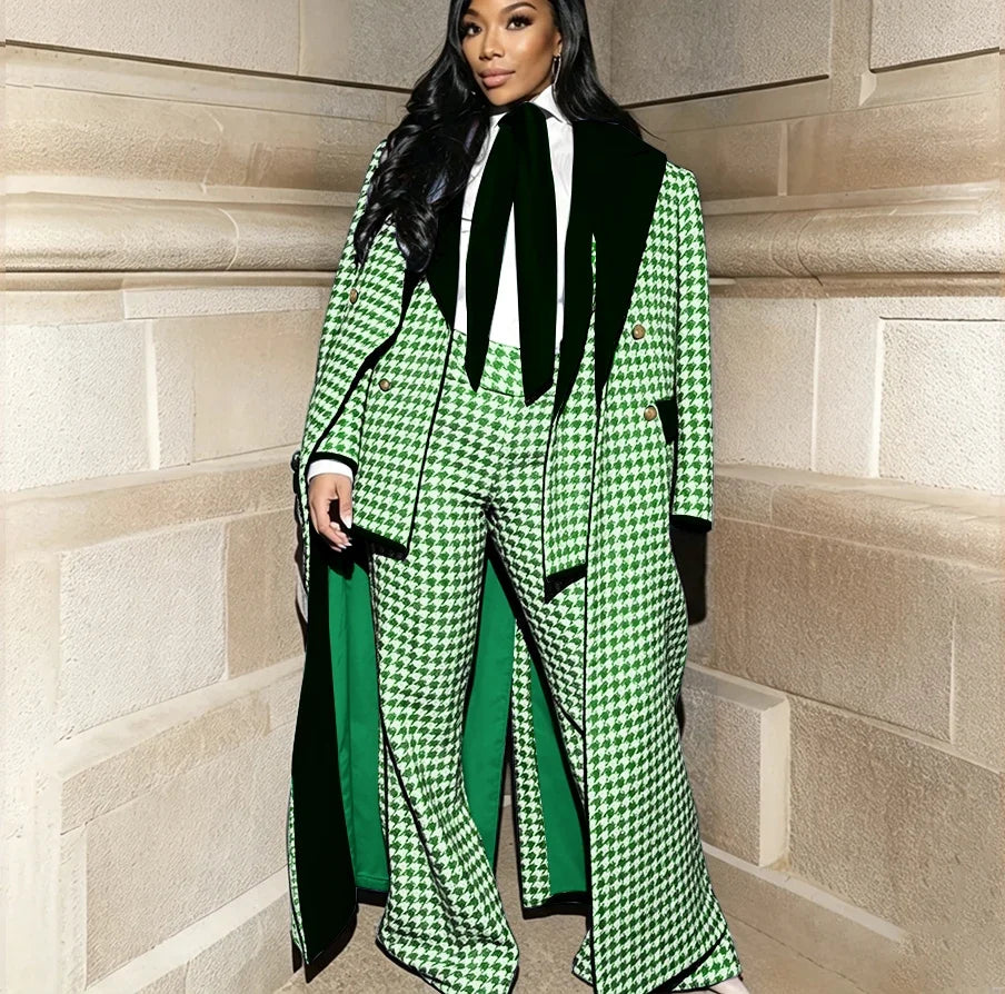 Luxury Houndstooth Women's Jacket+Pants Set Red Stylish Double Breasted Overcoat Formal 3 Pieces Female Evening Party Outfit