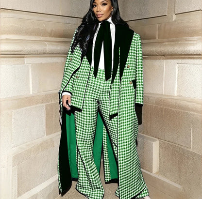 Luxury Houndstooth Women's Jacket+Pants Set Red Stylish Double Breasted Overcoat Formal 3 Pieces Female Evening Party Outfit