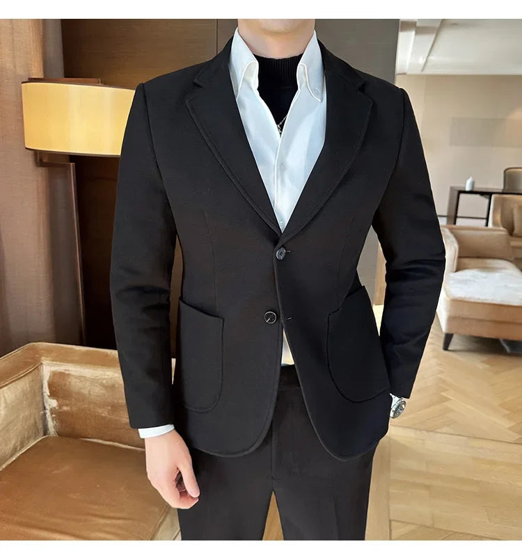 Plus Size 7XL-M ( Jacket+Pant）Autumn Winter Thickened Starry Sky Woolen Suit High Quality Slim Fit Business Social Casual 2 Pcs