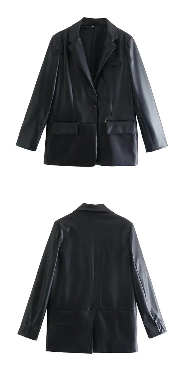 Winter 202 Women's Leather Look Suit Jaet Faionable Commute Sle Long Sve Single Button Closure Regular Length Coat